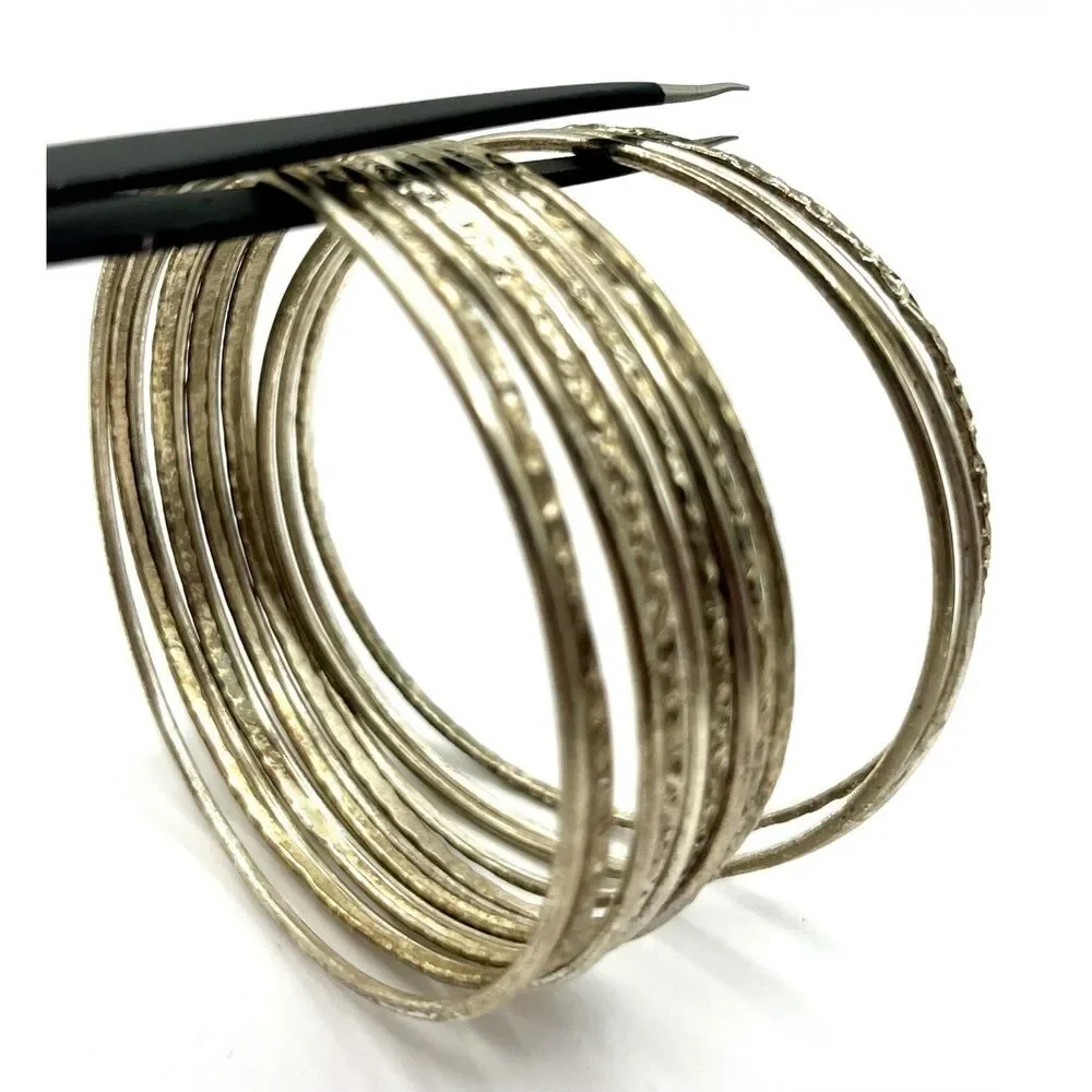 Set of 12 Silver Tone Bangle Bracelets Vintage Textured Hammered Bohemian